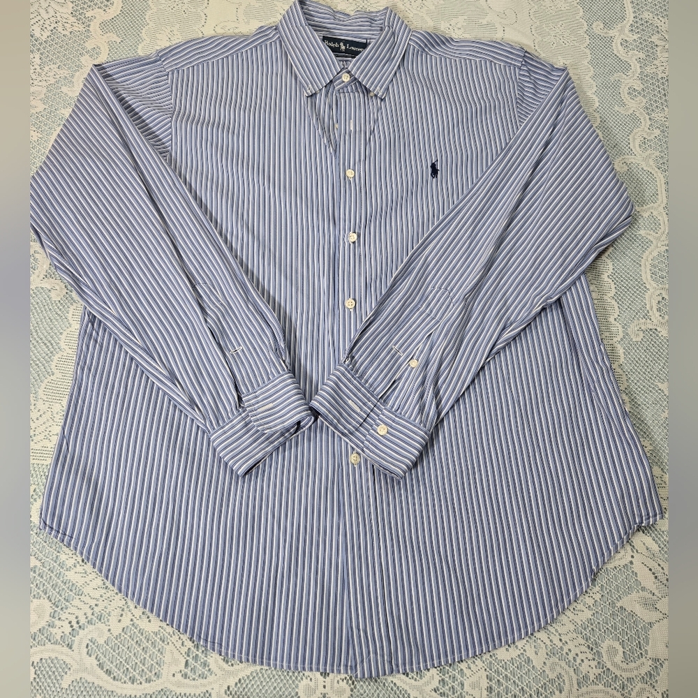 Ralph Lauren Blue and White Striped Dress Shirt Classic Fit Size XL 100% Cotton